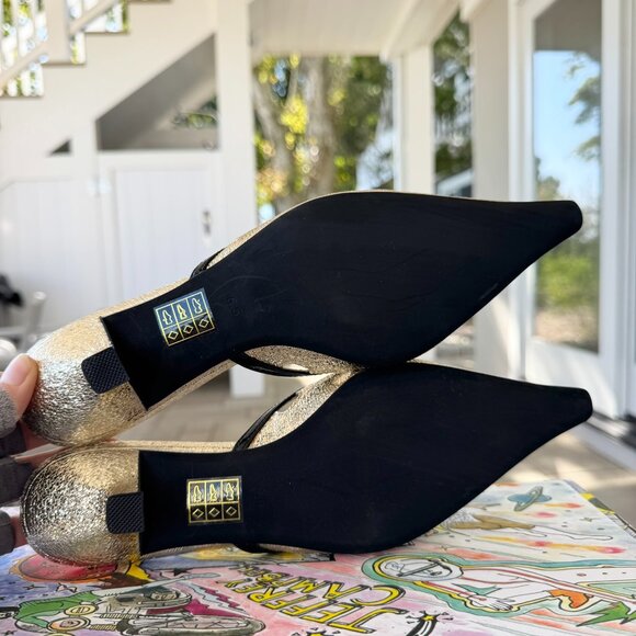 New Jeffrey Campbell Solitude Pointed Kitten Heels Mules Gold Black Womens 6.5 - Picture 4 of 16